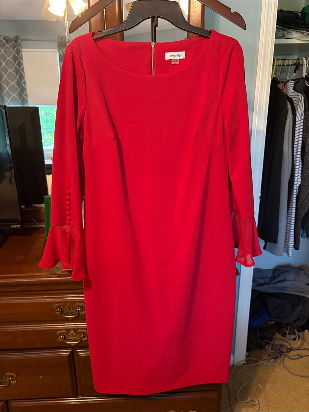 Calvin Klein Bold Red Long-Sleeve Sheath Dress with Ruffle Cuffs